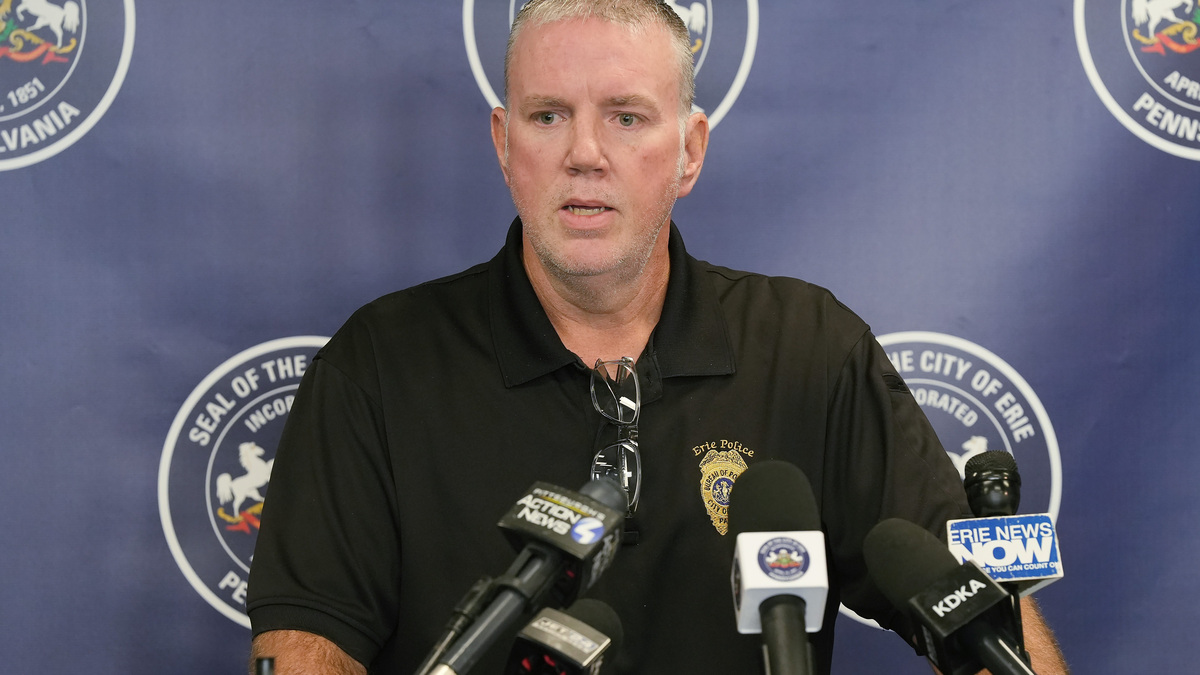 Erie Bureau of Police Chief Rick Lorah describes the overnight shooting that killed nine people in Erie, Pa., during a press conference at City Hall on Oct. 10, 2026. Erie Bureau of Police Chief Rick Lorah describes the overnight shooting that killed nine people in Erie, Pa., during a press conference at City Hall on Oct. 10, 2026.
