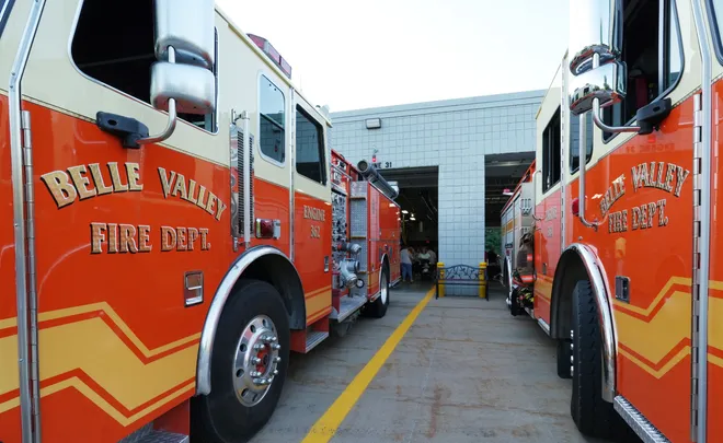 Fire engines are displayed during a National Night Out event at Belle Valley Fire Department in Millcreek Township, Pa., on Aug. 4, 2026. United Way of Erie County funded 20 events throughout the county.