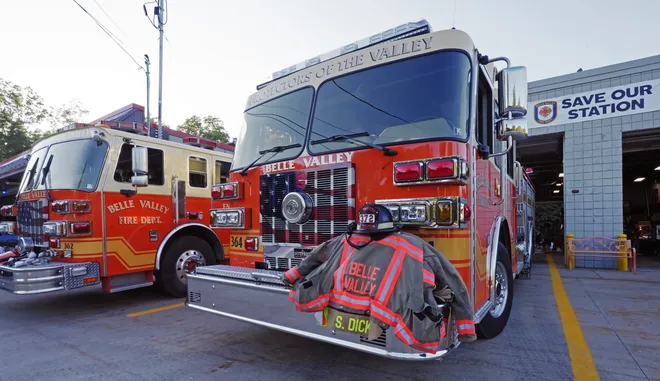 Fire engines are displayed during a National Night Out event at Belle Valley Fire Department in Millcreek Township, Pa., on Aug. 4, 2026. United Way of Erie County funded 20 events throughout the county.
