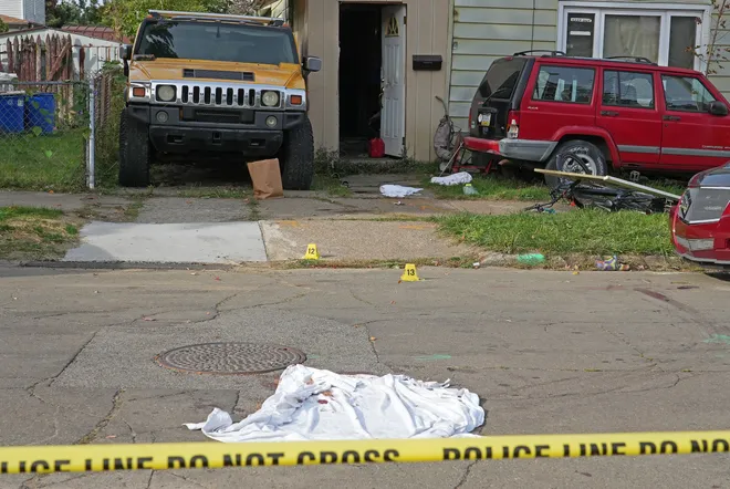 Nine people were killed in a reported shooting in and around a home at 722 Perry St. in Erie, Pa., Oct. 9, 2026. Erie Bureau of Police investigators were on the scene Oct. 10.