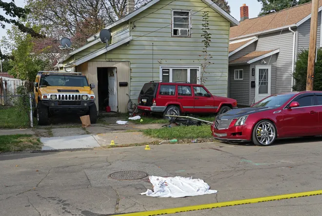 Nine people were killed in a reported shooting in and around a home at 722 Perry St. in Erie, Pa., Oct. 9, 2026. Erie Bureau of Police investigators were on the scene Oct. 10.