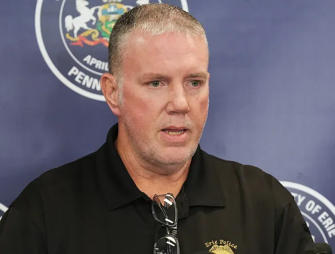 Erie Bureau of Police Chief Rick Lorah describes the overnight shooting that killed nine people in Erie, Pa., during a press conference at City Hall on Oct. 10, 2026.
