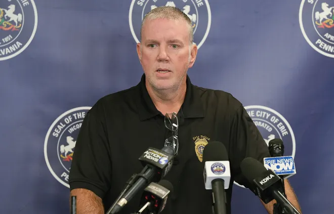 Erie Bureau of Police Chief Rick Lorah describes the overnight shooting that killed nine people in Erie, Pa., during a press conference at City Hall on Oct. 10, 2026.