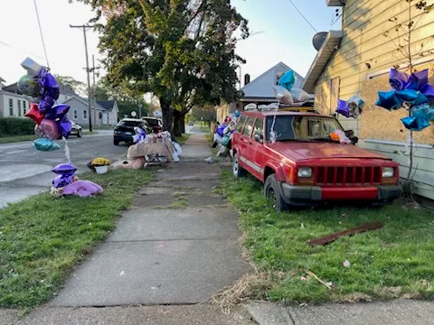 A memorial remains outside of 722 Perry St. in Erie on Oct. 13, 2026, for the victims of a mass shooting event that took place on Oct. 9. The memorial was set up just after the tragic shooting event by family and friends of the victims.