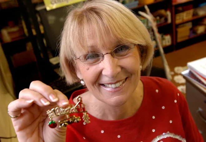 Irving Elementary School kindergarten teacher Mary Beth Abbott, pictured in Decembe 2007, received this "#1 Teacher" pin from a student for Christmas in 2006. Photos: Inside Erie PA's long-closed former Irving Elementary School