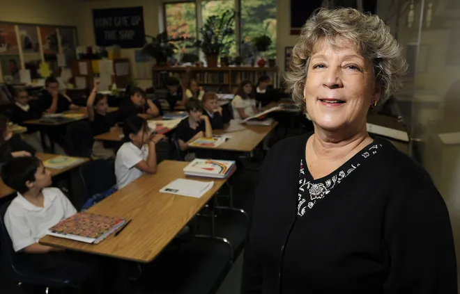 Celeste Bolles, fifth-grade teacher at Erie Day School, show Oct. 15, 2008, had her class send postcards to other fifth-grade classes across the country asking who the students would vote for if they coluld in the 2008 election. It was the eighth time Bolles had done the project; the first seven times the polls haveaccurately predicted the outcome.
