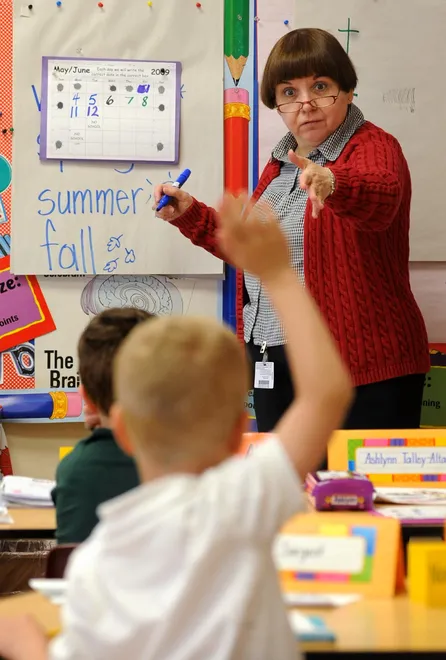 Kindergarten teacher Lynne Sabol calls on Kyle Sargent, 6, during calendar time at Harding School in Erie on May 13, 2009. Sabol was retiring after 36 years in the classroom.