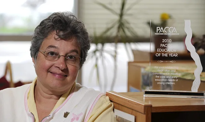 JoAnn Marsh, a preschool teacher at Montessori Children's House of Erie, show June 9, 2010, was named 2010 Educator Of The Year by the Pennsylvania Child Care Association.