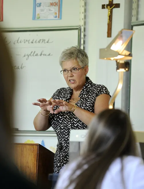 Mercyhurst Preparatory School English teacher Marge Burchard instructs students on the first day of classes in Erie on Aug. 27, 2010. Burchard had been at MPS for 16 years, with more than 30 years experience in the classroom at the time.