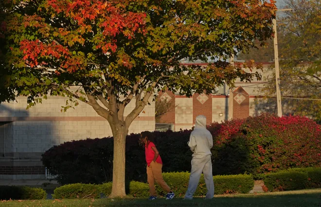 Youngsters walk near leaves turning color on East Avenue in Erie, Pa., on Oct. 22, 2026.