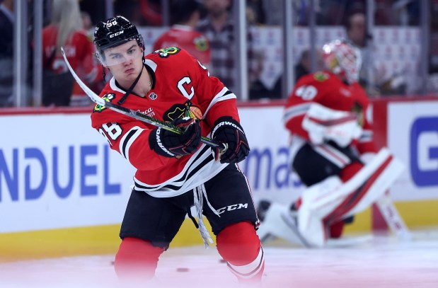 Chicago Blackhawks center Connor Bedard (98) warms up for a game against the Pittsburgh Penguins at the United Center in Chicago on Oct. 13, 2026. (Chris Sweda/Chicago Tribune)