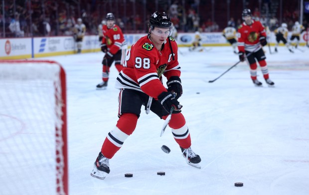 Chicago Blackhawks center Connor Bedard (98) warms up for a game against the Pittsburgh Penguins at the United Center in Chicago on Oct. 13, 2026. (Chris Sweda/Chicago Tribune)