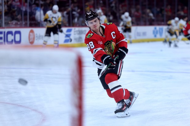 Chicago Blackhawks center Connor Bedard (98) warms up for a game against the Pittsburgh Penguins at the United Center in Chicago on Oct. 13, 2026. (Chris Sweda/Chicago Tribune)