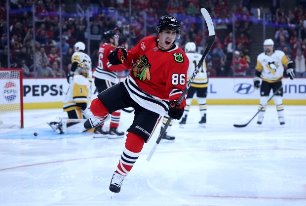 Chicago Blackhawks center Teuvo Teravainen (86) celebrates after scoring a goal in the first period of a game against the Pittsburgh Penguins at the United Center in Chicago on Oct. 13, 2026. (Chris Sweda/Chicago Tribune)