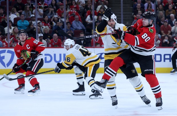 Chicago Blackhawks right wing Roman Kantserov (80) and Pittsburgh Penguins defenseman Kris Letang (58) battle for the puck in the first period of a game at the United Center in Chicago on Oct. 13, 2026. (Chris Sweda/Chicago Tribune)