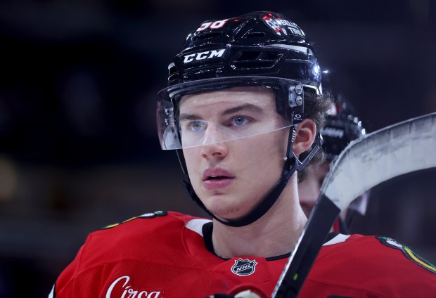 Chicago Blackhawks center Connor Bedard (98) stands on the ice in the third period of a game against the Pittsburgh Penguins at the United Center in Chicago on Oct. 13, 2026. (Chris Sweda/Chicago Tribune)