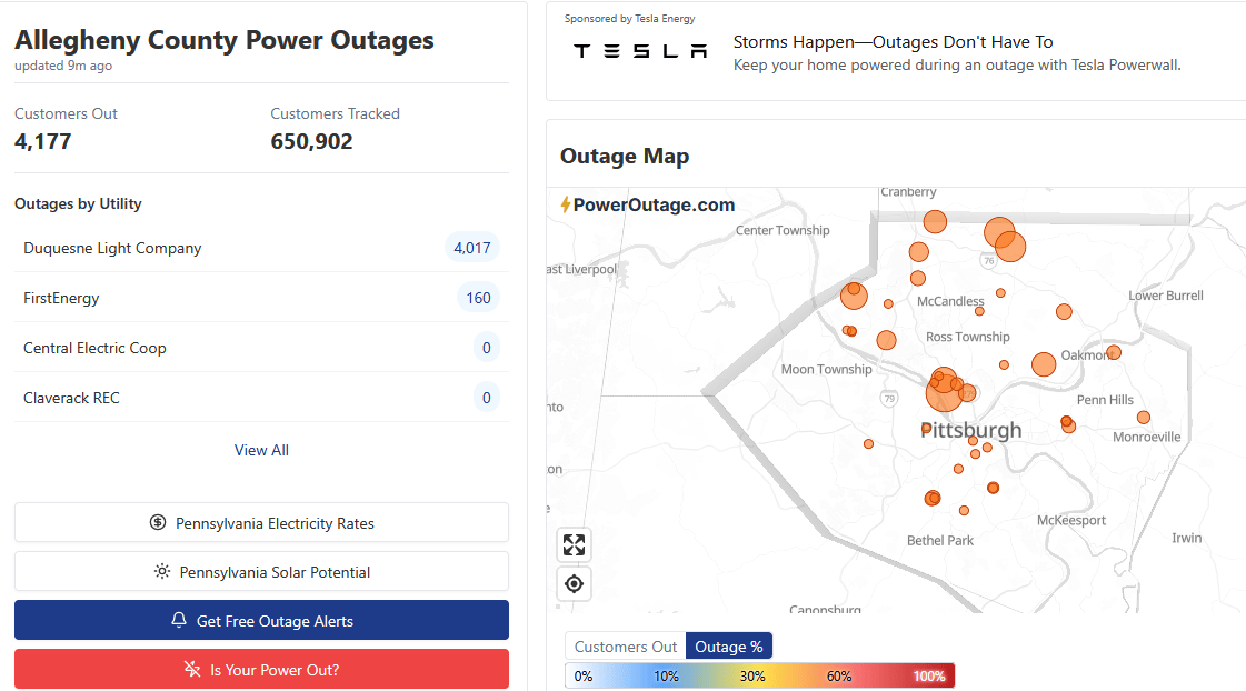 Power outage map for Allegheny County, Pennsylvania, showing 4,177 customers affected across different utility providers.