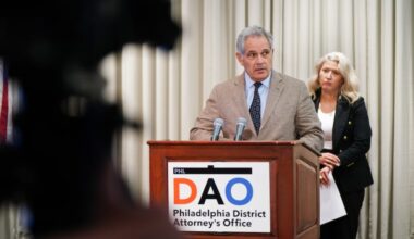 Philadelphia District Attorney Larry Krasner speaks during a press conference.