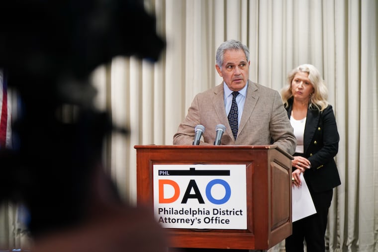 Philadelphia District Attorney Larry Krasner speaks during a press conference.