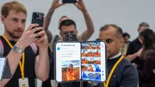 An Apple iPhone Duo foldable smartphone during a product unveiling event at Apple Park in Cupertino, California, on Wednesday, Sept. 9, 2026. 