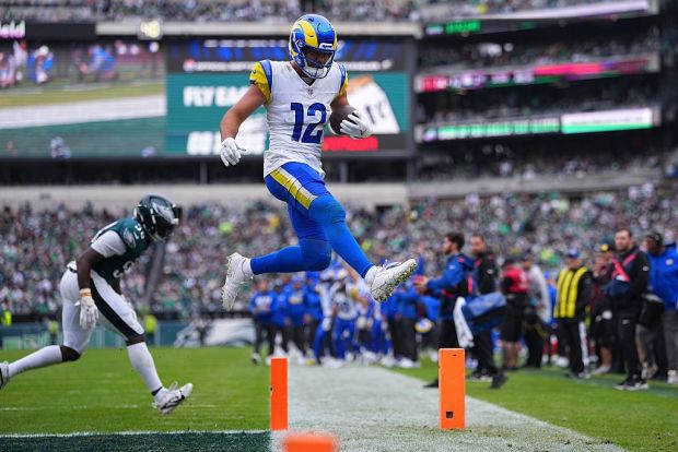 Wide receiver Puka Nacua (12) of the Los Angeles Rams jumps into the end zone for a touchdown in the second quarter against the Philadelphia Eagles at Lincoln Financial Field on Sunday, Oct. 4, 2026. (Mitchell Leff/Getty Images)
