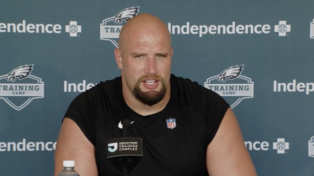 Philadelphia Eagles right tackle Lane Johnson speaks with reporters inside the media tent at Jefferson Health Training Complex on Saturday, Aug. 8, 2026, in Philadelphia. (Getty Images)