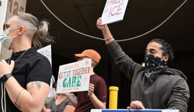 No ICE activists protest outside a PPA garage in Old City Saturday, Oct. 3, 2026.
