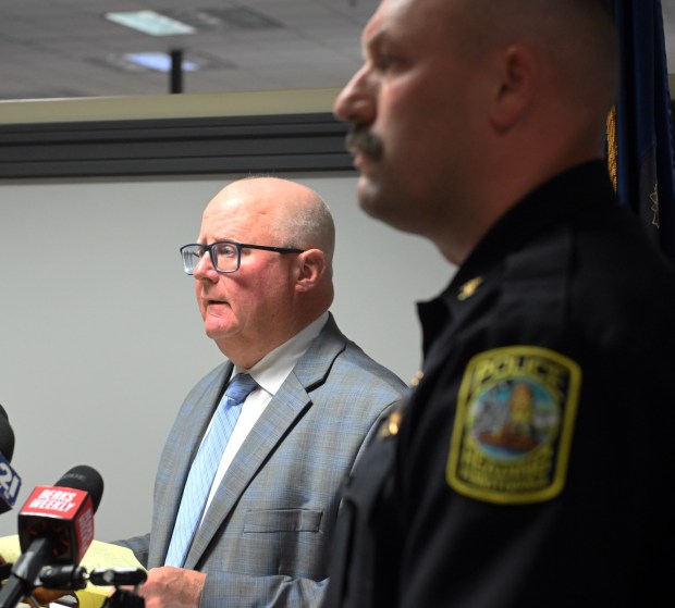 Berks County District Attorney John T. Adams holds a press conference on the deaths of Michael Petrino Jr. and Leonardo Mercado-Gomez at the Berks County Services Center on Monday, Oct. 26, 2026. (BILL UHRICH/READINGEAGLE)