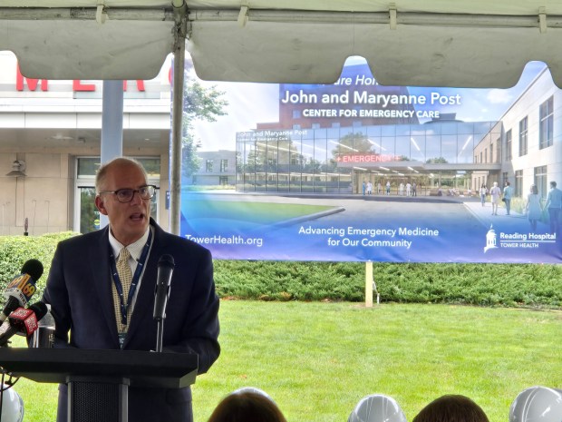 Dr. Charles Barbera, president and CEO of Reading Hospital, speaks Wednesday at a groundbreaking ceremony for a project that will expand Reading Hospital's emergency department. (DAVID MEKEEL - READING EAGLE)