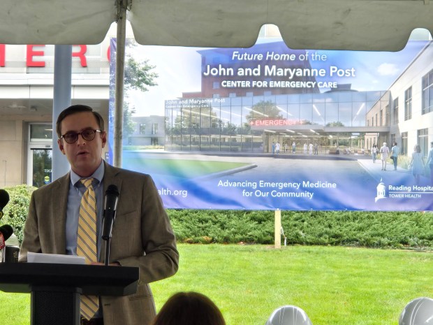 John Post Jr. shares a few words about his family's decision to donate to help fund an expansion of the Reading Hospital emergency department during a groundbreaking ceremony Wednesday for the project. (DAVID MEKEEL - READING EAGLE)