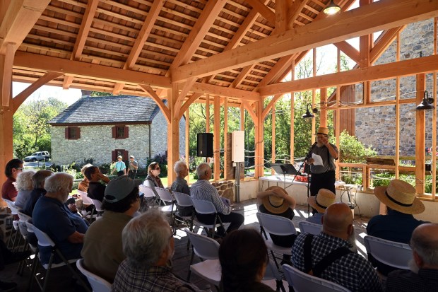 Ben Riehl, chairman of the Nicholas Stoltzfus Homestead Preservation Committee, speaks during the dedication of the Beiler-Renno Pavilion at the Nicholas Stoltzfus Homestead in Wyomissing Saturday. (BILL UHRICH/READING EAGLE)