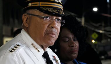 Philadelphia Police Commissioner Kevin Bethel and Mayor Cherelle L. Parker during an emotional news conference in front of Penn Presbyterian Medical Center.