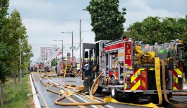 Firefighters work to put out a two alarm fire at a mixed use building on 2600 North American Street in Philadelphia on Monday, June 26, 2023.