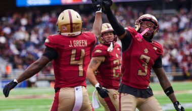 Javarius Green caught an 11-yard touchdown pass to put Boston College in front late in the second quarter and celebrated with fellow wide receiver Dawson Pough (right).