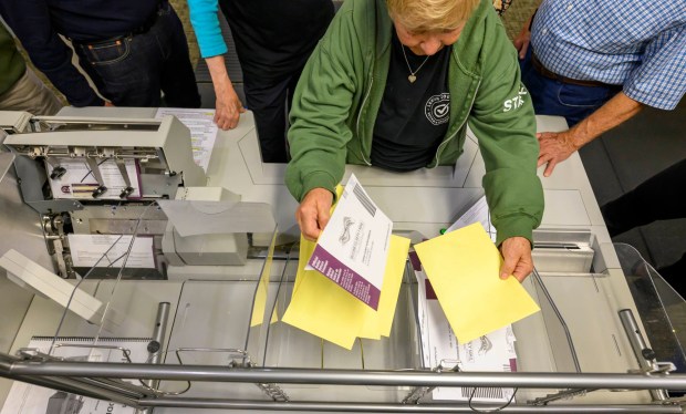 Lehigh County employees Janet Reilly and Andrea Lerner demonstrate how ballots are opened and sorted Thursday, Oct. 8, 2026, during the county voter registration office's first open house, at the government center in Allentown. The open house gave the public a look at where mail-in ballots are opened, processed and counted and the tabulation equipment used during elections, and learn more about how the equipment operates and how the election process comes together. (April Gamiz/The Morning Call)
