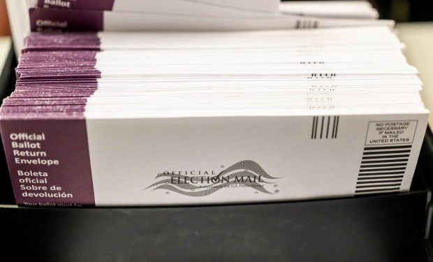 Official ballot return envelopes for demonstration are seen Thursday, Oct. 8, 2026, during the Lehigh County voter registration office's first open house, at the government center in Allentown. The open house gave the public a look at where mail-in ballots are opened, processed and counted and the tabulation equipment used during elections, and learn more about how the equipment operates and how the election process comes together. (April Gamiz/The Morning Call)