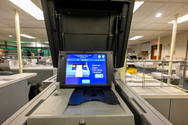 A D200 ballot scanner is seen Thursday, Oct. 8, 2026, during the Lehigh County voter registration office's first open house, at the government center in Allentown. The open house gave the public a look at where mail-in ballots are opened, processed and counted and the tabulation equipment used during elections, and learn more about how the equipment operates and how the election process comes together. (April Gamiz/The Morning Call)