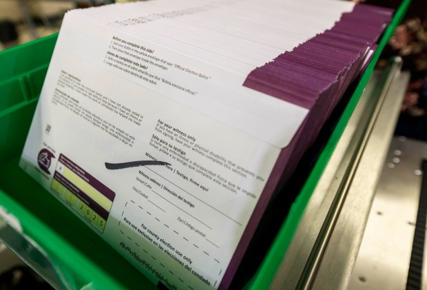 Official ballot return envelopes for a demonstration are seen Thursday, Oct. 8, 2026, during the Lehigh County voter registration office's first open house, at the government center in Allentown. The open house gave the public a look at where mail-in ballots are opened, processed and counted and the tabulation equipment used during elections, and learn more about how the equipment operates and how the election process comes together. (April Gamiz/The Morning Call)
