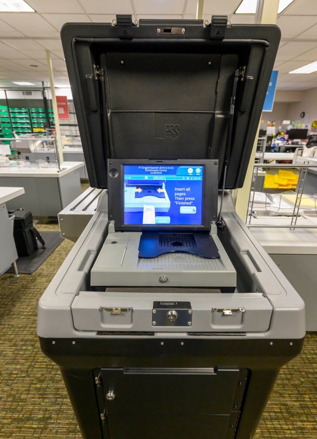 A D200 ballot scanner is seen Thursday, Oct. 8, 2026, during the Lehigh County voter registration office's first open house, at the government center in Allentown. The open house gave the public a look at where mail-in ballots are opened, processed and counted and the tabulation equipment used during elections, and learn more about how the equipment operates and how the election process comes together. (April Gamiz/The Morning Call)