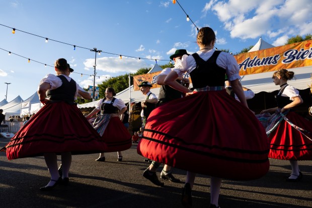The group G.T.E.V. D'Lustigen Isartaler dances Saturday, Oct. 3, 2026, during Oktoberfest at SteelStacks in Bethlehem. The annual festival continues Oct. 9-11, 2026. (Mackenzie McGovern/Special to The Morning Call)