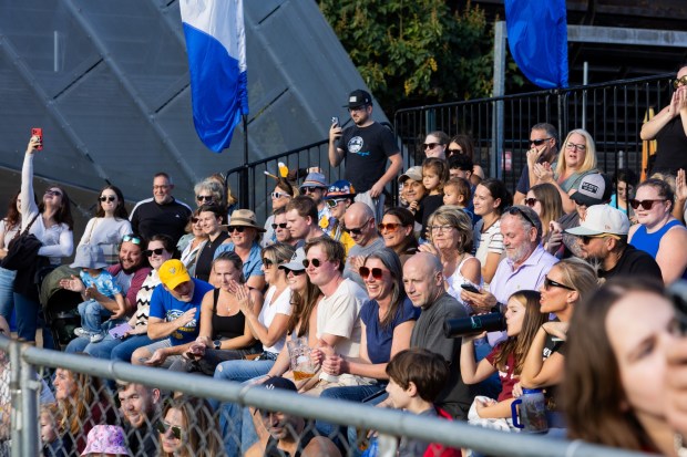 People enjoy the wiener dog races Saturday, Oct. 3, 2026, during Oktoberfest at SteelStacks in Bethlehem. The annual festival continues Oct. 9-11, 2026. (Mackenzie McGovern/Special to The Morning Call)
