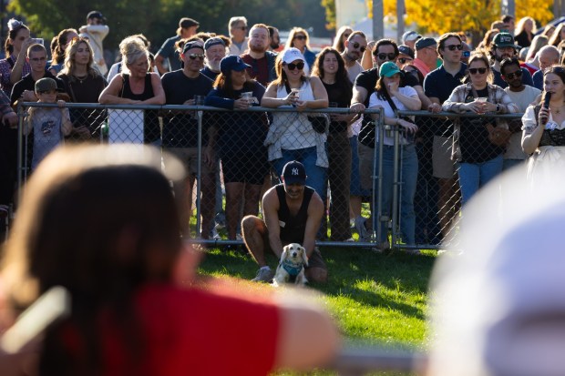 People enjoy the wiener dog races Saturday, Oct. 3, 2026, during Oktoberfest at SteelStacks in Bethlehem. The annual festival continues Oct. 9-11, 2026. (Mackenzie McGovern/Special to The Morning Call)