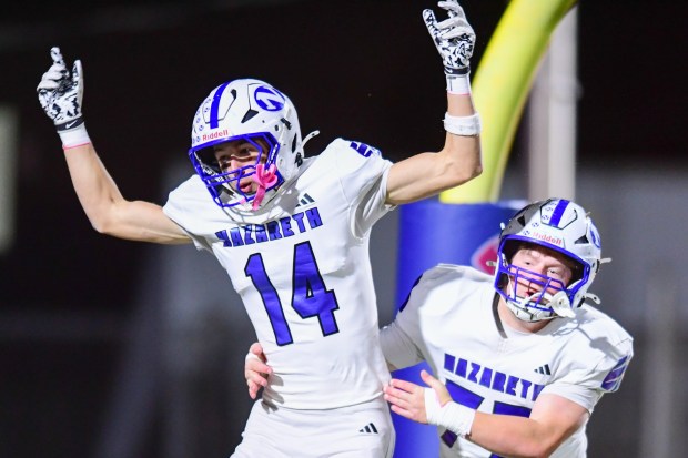 Nazareth's Matthew Leluga celebrates after getting a interception for a touchdown against Bethlehem Catholic on Saturday, Oct. 17, 2026, BASD Stadium in Bethlehem. (Jonathan Broady/Special to The Morning Call)