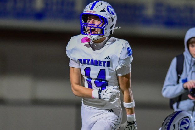 Nazareth's Matthew Leluga celebrates after getting a interception for a touchdown against Bethlehem Catholic on Saturday, Oct. 17, 2026, BASD Stadium in Bethlehem. (Jonathan Broady/Special to The Morning Call)