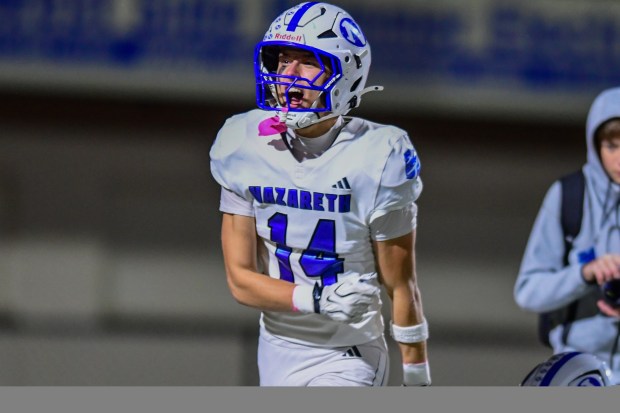 Nazareth's Matthew Leluga celebrates after getting a interception for a touchdown against Bethlehem Catholic on Saturday, Oct. 17, 2026, BASD Stadium in Bethlehem. (Jonathan Broady/Special to The Morning Call)