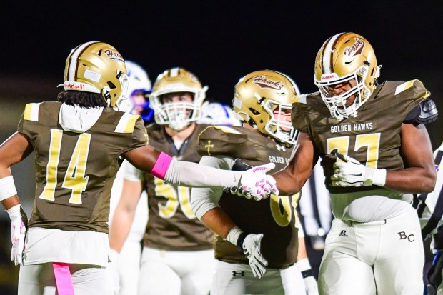 Bethlehem Catholic's Brazil Rice celebrates with teammates against Nazareth on Saturday, Oct. 17, 2026, BASD Stadium in Bethlehem. (Jonathan Broady/Special to The Morning Call)