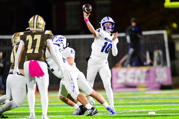 Nazareth's Cooper Madson throws the ball against Bethlehem Catholic on Saturday, Oct. 17, 2026, BASD Stadium in Bethlehem. (Jonathan Broady/Special to The Morning Call)