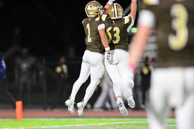 Bethlehem Catholic's Carter Vassa celebrates a touchdown against Nazareth on Saturday, Oct. 17, 2026, BASD Stadium in Bethlehem. (Jonathan Broady/Special to The Morning Call)