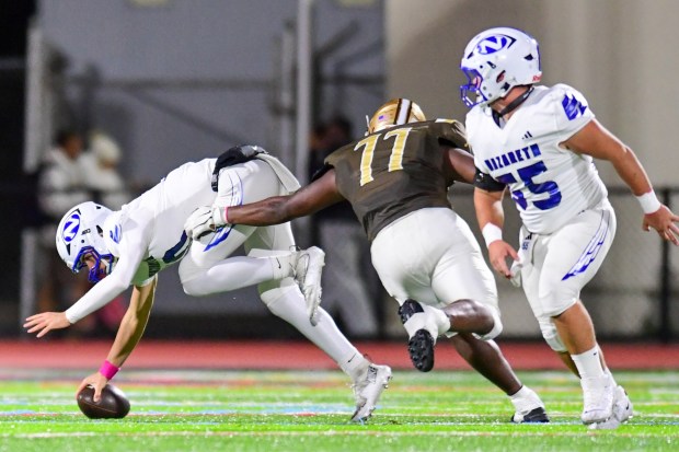 Bethlehem Catholic's Brazil Rice get a sack against Nazareth on Saturday, Oct. 17, 2026, BASD Stadium in Bethlehem. (Jonathan Broady/Special to The Morning Call)