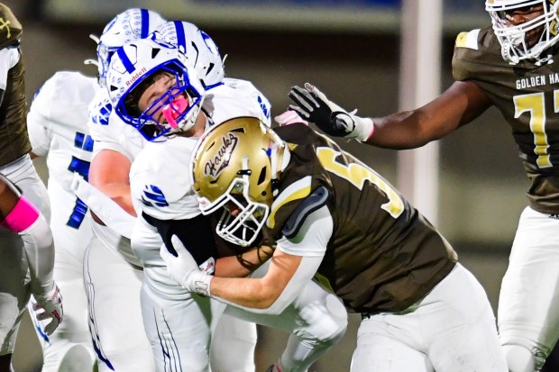Bethlehem Catholic's Jonathan Ayache makes a big hit against Nazareth on Saturday, Oct. 17, 2026, BASD Stadium in Bethlehem. (Jonathan Broady/Special to The Morning Call)